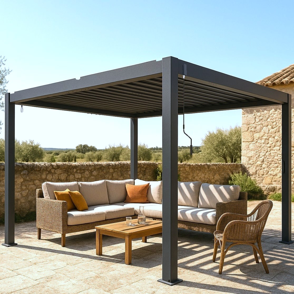 Pérgola bioclimática 3x3m | Lamas de aluminio y acero | Sevilla Antracita